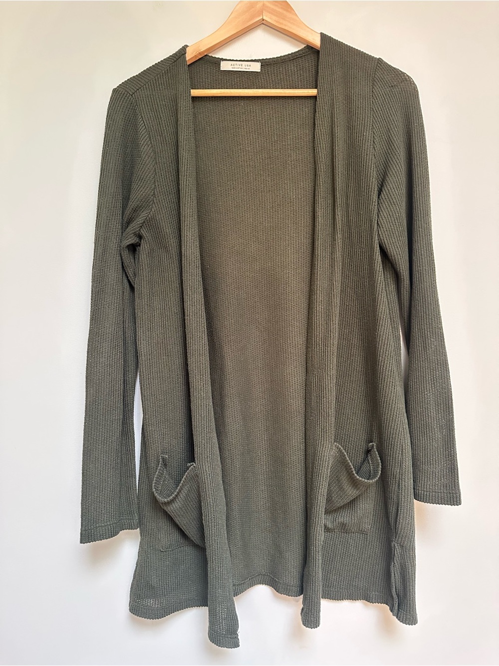 Active USA Ribbed Cardigan Women’s Medium Olive Green Open Front Pockets